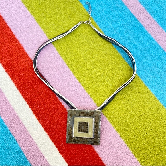 Vintage Jewelry - Vintage y2k Pendant Necklace Jewellery Statement Green Enamel Square Cord 90s